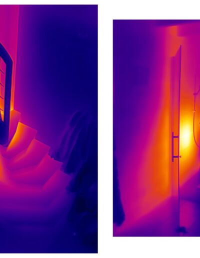 Photo infra-rouge d'un poêle de masse escalier montrant comment il chauffe la salle de bain